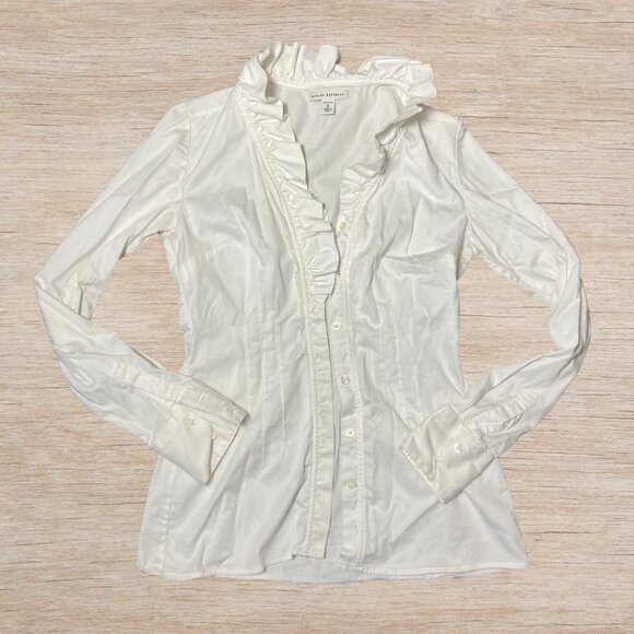 Banana Republic Y2K Office Siren White Button Up Ruffled Blouse Size 0 - Picture 1 of 6
